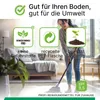A woman is mopping a floor in a living room, with marketing icons and text overlayed. Produktbild-Vorschau