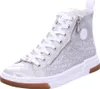 A single silver high-top sneaker with white laces and a brown sole, set against a white background. Voir les images du produit
