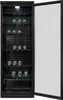 A black glass-door refrigerator filled with water bottles, with the door open. Produktbild-Vorschau