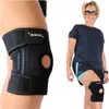 A collage showing a close-up of a knee brace on a leg and a full-body shot of a woman wearing a knee brace. Produktbild-Vorschau