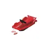 A red plastic sled shaped like a race car with a black steering wheel and a red pull rope with two loops. Produktbild-Vorschau