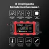 A red battery charger with a digital display and various icons illustrating its protective features, set against a black background. Produktbild-Vorschau