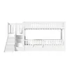 A white bunk bed with a slide and stairs, shown against a white background. Produktbild-Vorschau