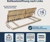 A wooden bed frame with the mattress support lifted to show the storage compartment underneath. Various icons and text describe features. Produktbild-Vorschau