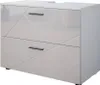 A white high-gloss vanity unit with two drawers and geometric detailing. Produktbild-Vorschau