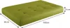 A green tufted ottoman with dimensions indicated by arrows and text. Produktbild-Vorschau