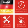 A collage of four square marketing images, each with a red background except for the top-left image which features the German flag colors. The images contain icons and text highlighting product features. Produktbild-Vorschau