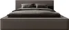 A bed with a headboard and mattress, covered with dark gray bedding. Produktbild-Vorschau