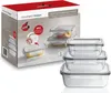 A product box for a set of glass food storage containers, with the containers themselves displayed in front of the box. Voir les images du produit