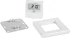 A white digital thermostat and two mounting accessories are arranged on a white background. Produktbild-Vorschau