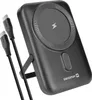 A black power bank with a magnetic charging surface and two USB-C cables is shown against a white background. Podgląd zdjęcia produktu