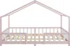 A pink and white house-shaped bed frame with a slatted base, shown from the front. Anteprima dell’immagine prodotto