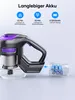 Close-up of a cordless vacuum cleaner with battery pack and feature callouts. Produktbild-Vorschau