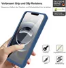 A hand holding a blue phone case with a phone inside, surrounded by marketing text and icons. Produktbild-Vorschau