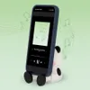 A panda-shaped phone stand holding a smartphone displaying a music app, with musical notes in the background. Produktbild-Vorschau