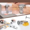 Collage showing a watch being adjusted on a wrist and close-ups of watchband adjustment tools. Náhled obrázku produktu