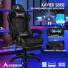 A black gaming chair is shown in a room with blue and purple lighting, with various marketing graphics and text overlays highlighting its features. Produktbild-Vorschau
