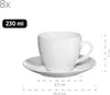 A white ceramic coffee cup and saucer with measurement indicators. Produktbild-Vorschau