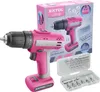 A pink cordless drill and its accessories are displayed in front of its packaging. Produktbild-Vorschau