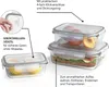 A set of glass food storage containers with lids, one showing lemons and another a sandwich, with callouts highlighting features. Voir les images du produit
