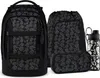 A set of school supplies including a backpack, a drawstring bag, a pencil case, and a water bottle, all with a black and gray patterned design. Produktbild-Vorschau