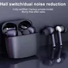 A pair of black wireless earbuds and their charging case are displayed against a dark gray background. Text overlays describe features and sales information. Produktbild-Vorschau