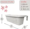 A white planter box with dimensions and volume indicated by text and graphics. Produktbild-Vorschau