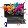 A laptop with a colorful explosion of powder on its screen, accompanied by a box of Microsoft Office and two pens. Produktbild-Vorschau