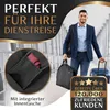 A man is walking through an airport or train station with luggage. The image also includes close-ups of a garment bag with a pocket containing a red tie and text overlays promoting a product for business travel. Produktbild-Vorschau