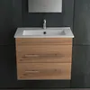 A bathroom vanity with a sink and faucet is shown against a dark tiled wall. Produktbild-Vorschau