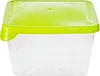 A clear, front-facing studio shot of a transparent plastic food storage container with a bright green lid. Náhled obrázku produktu
