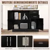 A black storage cabinet with a brown top, open doors, and drawers, showcasing its features with close-up insets. Podgląd zdjęcia produktu