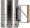 A close-up side view of a stainless steel charcoal chimney starter with a wooden handle. Produktbild-Vorschau