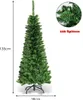 A full shot of a green artificial Christmas tree with lights on a white background, with a close-up inset of the tree's branches and a measurement scale. Voir les images du produit