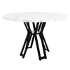 A round dining table with a white marble-effect top and a black geometric base, isolated on a white background. Produktbild-Vorschau