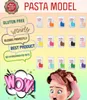 A marketing image for Saracino Pasta Model, showing various colors of the product and a cartoon character. Produktbild-Vorschau