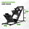 A black leg press machine with dimensions indicated by text overlays. Produktbild-Vorschau