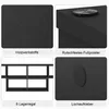 A collage of four images showcasing different aspects of a black TV stand, including material, feet, shelf structure, and a mounting detail. Voir les images du produit