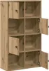 A wooden bookshelf with multiple compartments, some of which have doors. Podgląd zdjęcia produktu