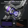 A close-up view of a cordless vacuum cleaner's motor, with comparison charts showing battery life and suction power. Voir les images du produit