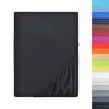A dark grey fitted sheet is shown folded and laid flat on a white background. To the right of the sheet, a vertical strip displays a gradient of various colors, likely representing the available color options for the product. Produktbild-Vorschau