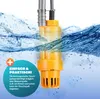 A yellow submersible pump submerged in water, with text overlay describing its features. Produktbild-Vorschau