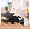 A dark gray and white sherpa blanket is draped over a bed with white bedding. There are decorative elements and text overlays highlighting product features. Anteprima dell’immagine prodotto