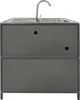 A stainless steel sink with a faucet, mounted on a gray cabinet. Produktbild-Vorschau