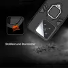 A close-up of a black phone case with a ring stand, next to a diagram illustrating shock absorption. Produktbild-Vorschau
