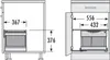 Diagrams showing dimensions of a cabinet with a pull-out waste bin system. Produktbild-Vorschau