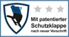 A marketing image for a Scheppach Wippkreissäge HS730, featuring a logo, stars, and text describing a patented protective flap. Produktbild-Vorschau