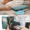 A collage of two images showing a phone case and its features. The top image shows a phone case on a wireless charger, and the bottom image shows the inside of the case with cards and a person using a payment terminal. Produktbild-Vorschau