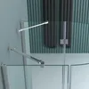 A close-up view of a shower enclosure with glass panels and chrome fixtures, against a teal ribbed wall. Produktbild-Vorschau