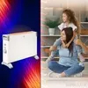 A split image showing a white electric heater on the left and a mother carrying her daughter on her shoulders on the right. Produktbild-Vorschau